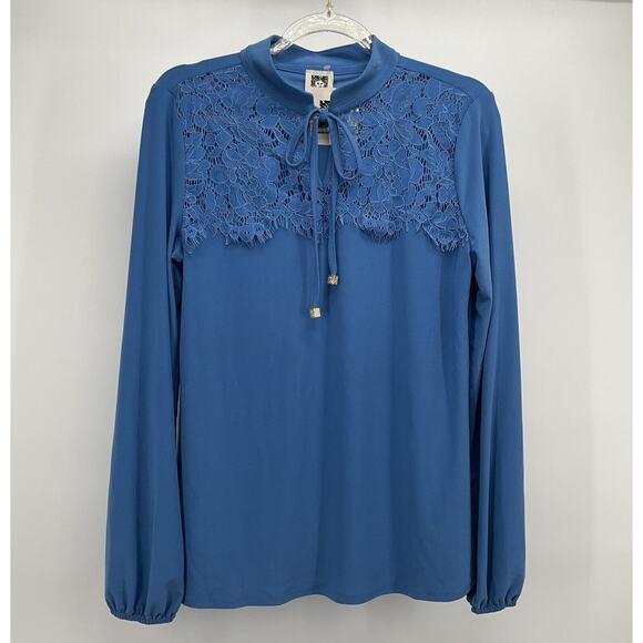 Anne Klein Tops - Anne Klein Blouse Women’s XS Tie Neck Lace Yoke Stretch Lomb Sleeve Blue Shirt